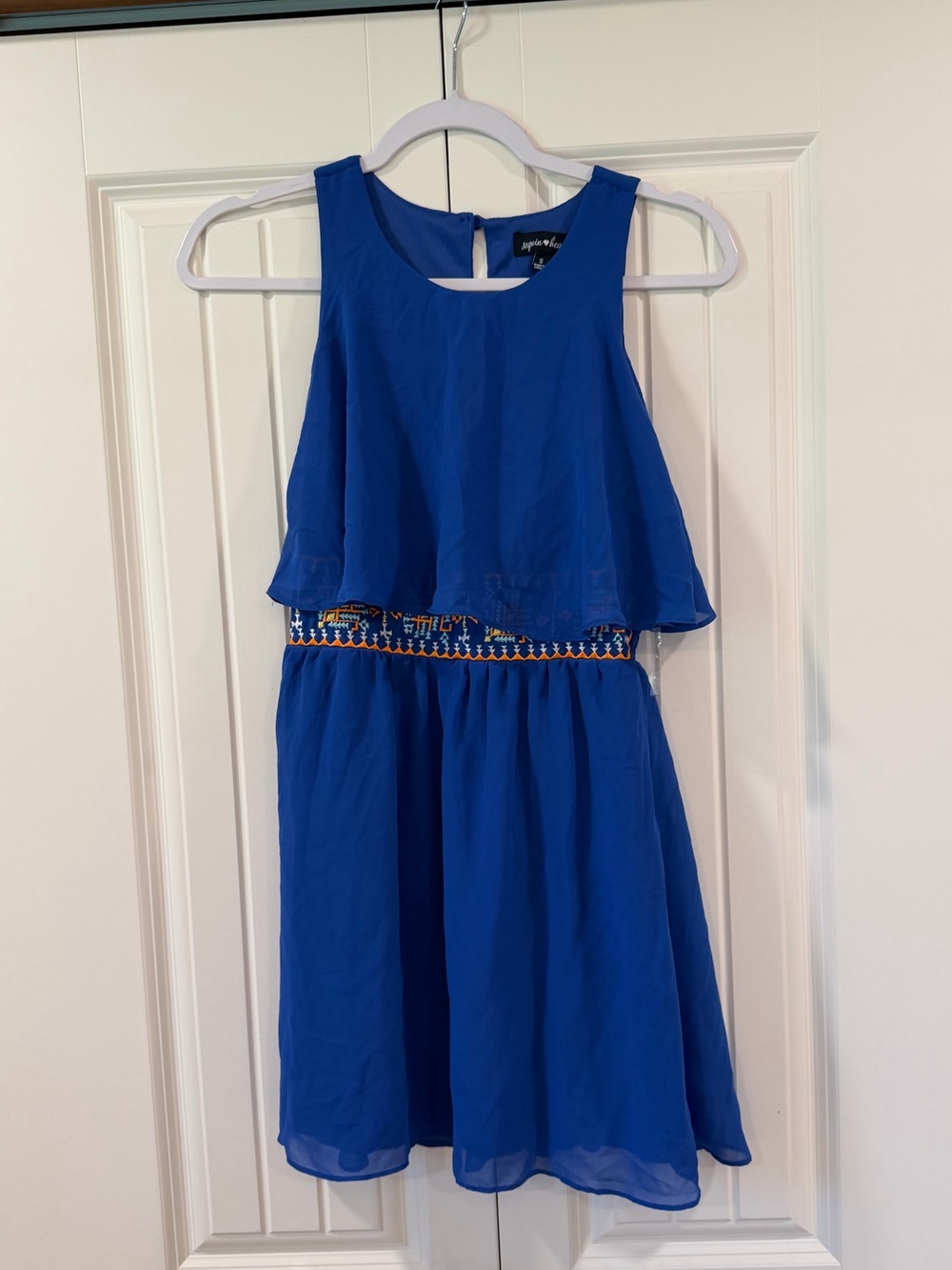 Sequin Hearts Royal Blue Sleeveless Party Dress with Embroidered Waist